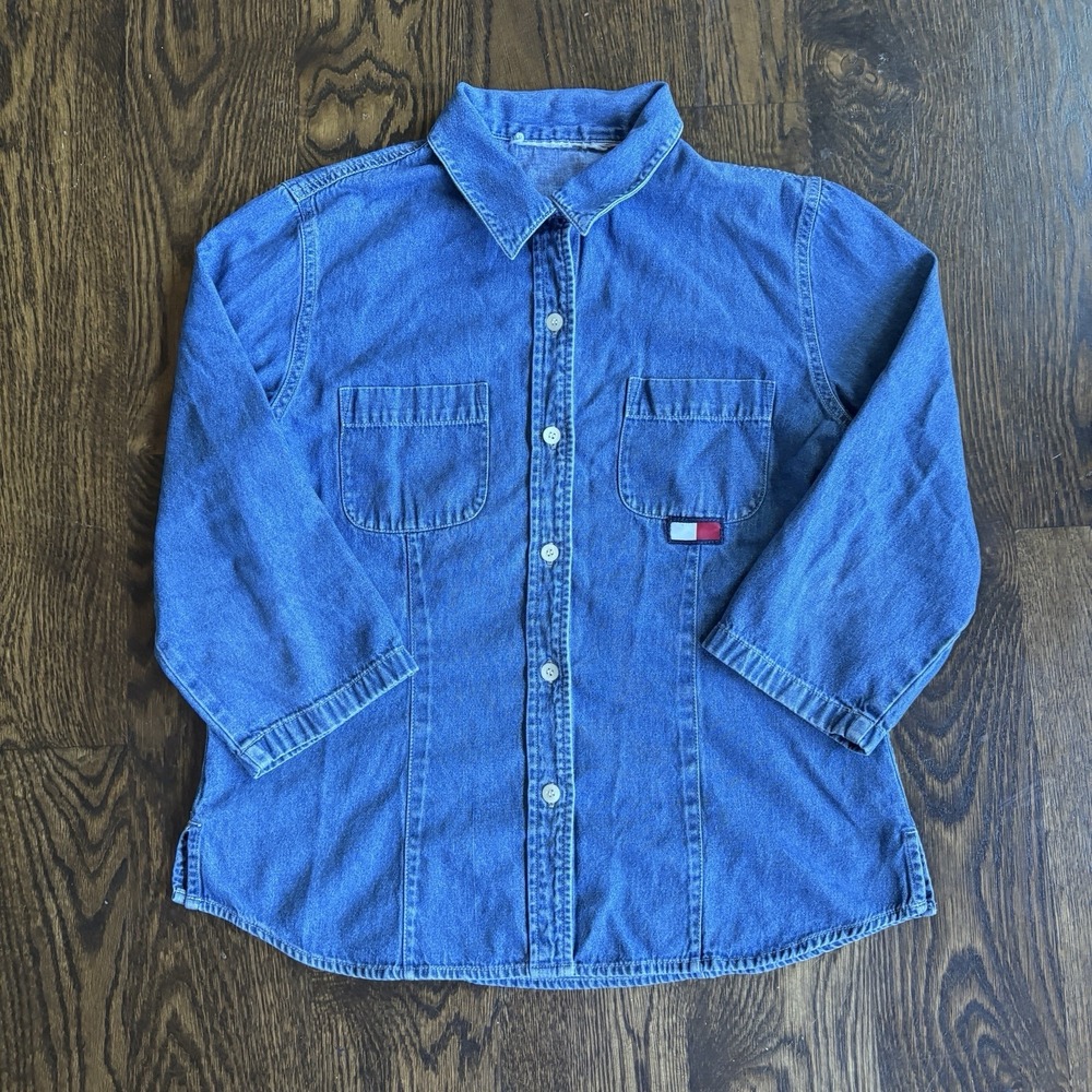 Vtg 90s Tommy Hilfiger Denim Shirt Womens Small 3/4 Sleeve Flag Logo Y2K Button
